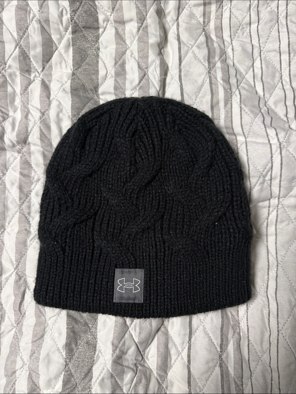 Under Armour Black Cable-Knit Beanie with Logo Patch